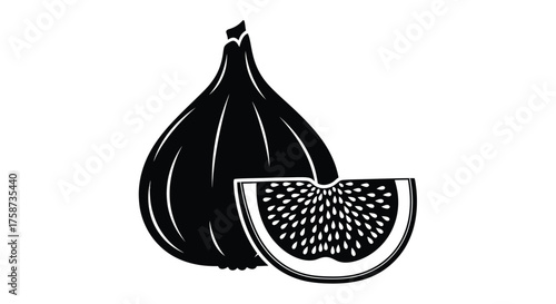 Black and white illustration of a whole fig and sliced half fruit