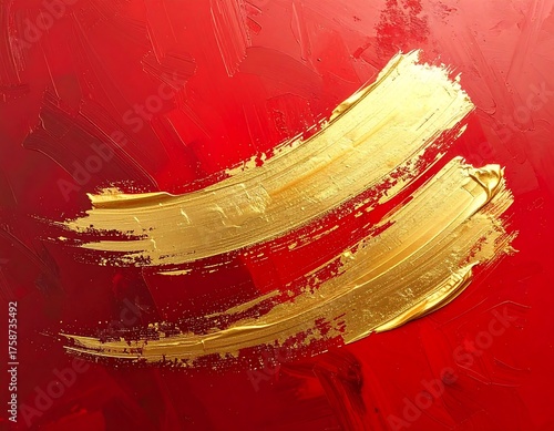 Gold brushstrokes against a vibrant, textured red backdrop