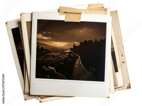 Stack of old instant photos with landscape isolated on transparent background