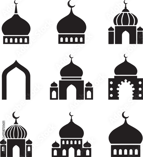 Nine Distinct Black Mosque Icons and Islamic Architecture Logos Set