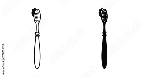 Two black and white illustrations of classic vintage styled toothbrushes