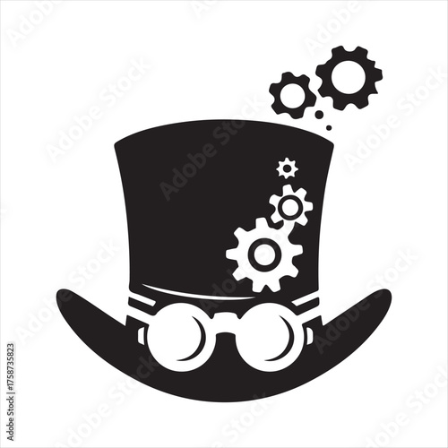 top hat with goggles and floating gears vector silhouette line art drawing collections