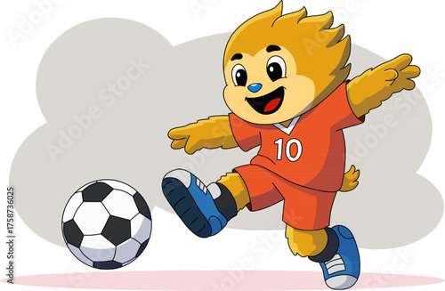 Cute Soccer Mascot Kicking Ball In A Playful Studio Scene, Cheerful cartoon mascot kicks a soccer ball with energetic motion in a bright, friendly scene. Ideal for sports, youth and playful brand