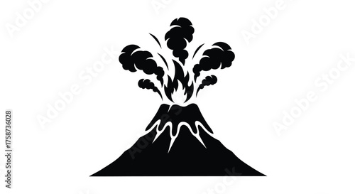 Black silhouette of a volcano erupting with smoke and lava flow