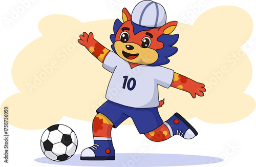 Cute Soccer Mascot Kicking Ball In A Playful Studio Scene, Cheerful cartoon mascot kicks a soccer ball with energetic motion in a bright, friendly scene. Ideal for sports, youth and playful brand