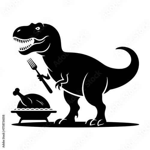 Black silhouette of a Tyrannosaurus Rex dinosaur holding a fork and about to eat a roasted turkey dinner