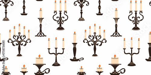 Seamless pattern of candles in black candlesticks. Flat vector illustration.