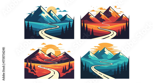 A winding road through majestic mountains in vibrant color schemes