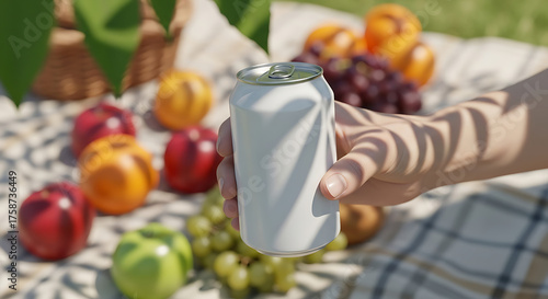 Hand holding refreshing cold drink can at outdoor picnic with fruit
