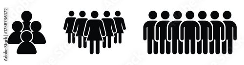 Team and community silhouette icons. Vector icon set of people groups representing teamwork, leadership, and community. Many people group silhouette icons, crowd, social teamwork, citizen community