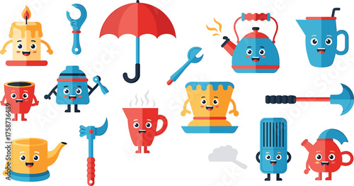 Cartoon kitchenware and candle with faces and red umbrella wrench kettle