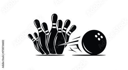 A black and white illustration depicting a bowling ball striking pins
