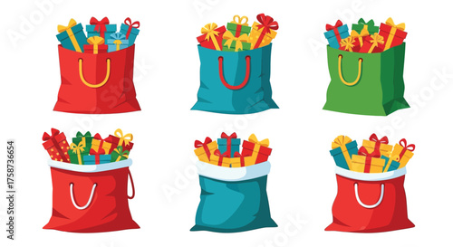 Colorful gift bags overflowing with presents and festive ribbon decorations