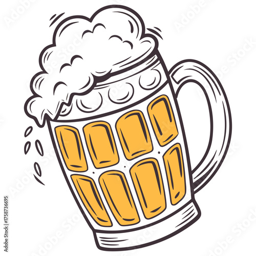 A frosty mug of golden beer, perfectly poured with a thick head, inviting a refreshing and convivial moment with crisp lines and vibrant color.