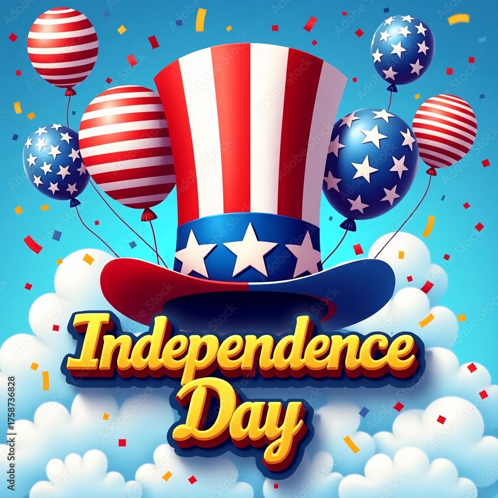 Obraz premium Celebrate Independence Day with festive decorations including balloons and a colorful hat in a vibrant blue sky