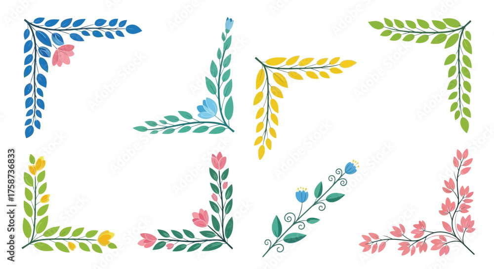 Fototapeta premium Colorful watercolor botanical corner designs arranged in a grid pattern