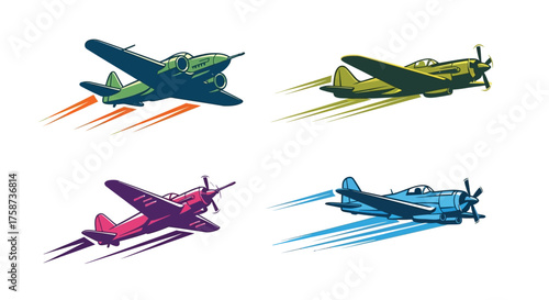 Four vintage propeller airplanes in flight with speed lines and color variations