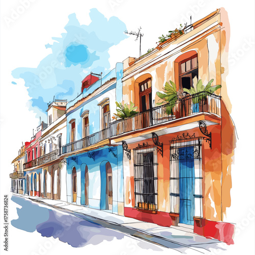 Havana Old Town. Havana Old Town hand drawn watercolor illustration