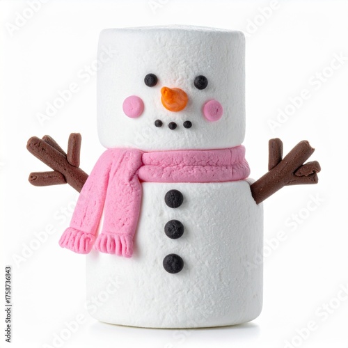 Delightful Marshmallow Snowman with Pink Scarf Isolated on White Backdrop