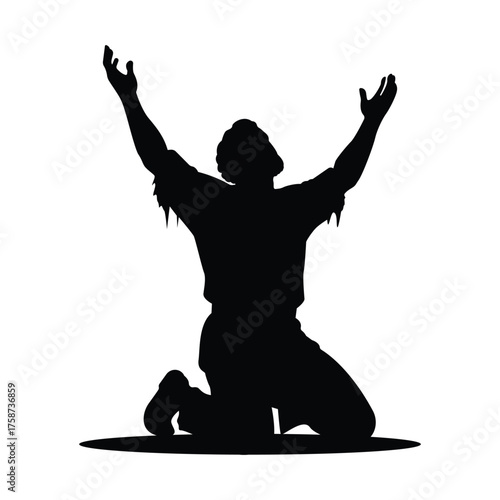 A person kneeling in prayer silhouette vector, symbolizing faith, hope, and spiritual devotion. Perfect for religious or inspirational designs.