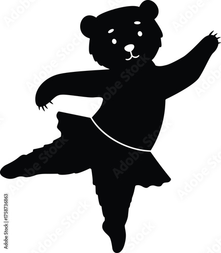 Adorable black silhouette of a dancing teddy bear wearing a ballet tutu on white background silhouette