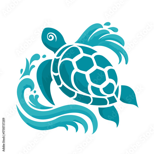 Stylized turquoise sea turtle swimming in ocean waves, marine life illustration, aquatic animal graphic design