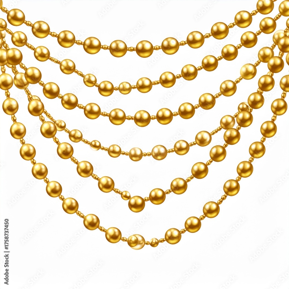 Fototapeta premium Multiple Strands of Golden Beads Hanging on White Background