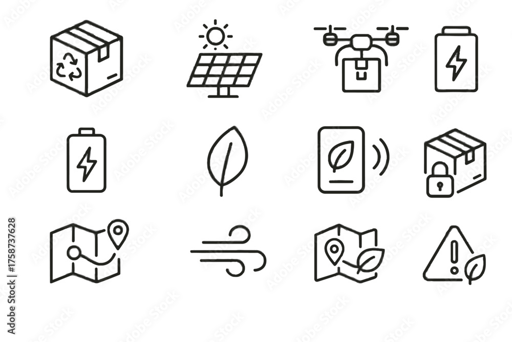 Fototapeta premium Sustainable eco solar alert smart charging vector map box icon parcel station