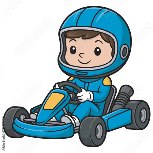 Cartoon illustration of a happy child in a go-kart wearing a helmet