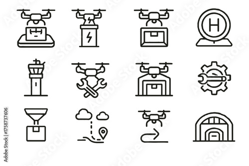 Tower drone service corridor maintenance icon infrastructure vector chute control indicator charging