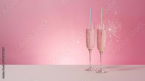 Two glasses of pink champagne decorate a wedding celebration table