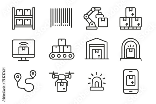 Scanner monitor barcode parcel vector warehouse drone storage route icon shelf set