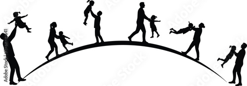Family silhouettes with children, parents playing, lifting, walking, holding hands, bonding, growth, childhood, parenting, love, vector illustration, black design, modern art