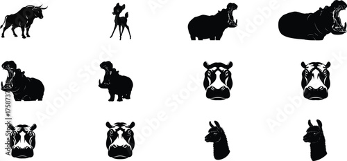 Black silhouette illustrations of various animals including a bull, deer, hippos, and llamas.