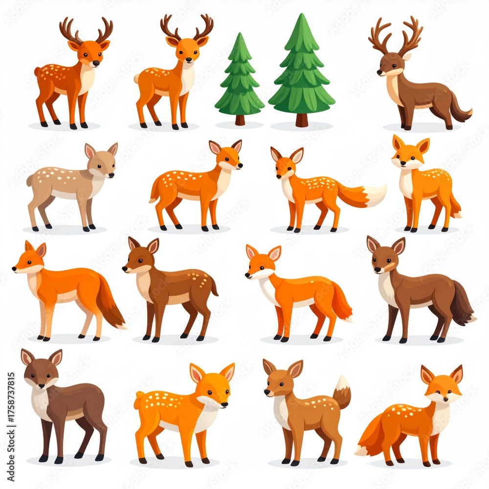 Fototapeta premium Assortment of Cartoon Deer and Fox Illustrations with Evergreen Trees