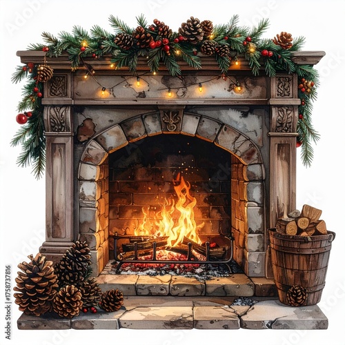 Elegant Stone Fireplace with Burning Fire Decorated with Christmas Garland