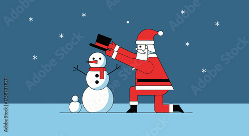 Santa Claus Placing Hat on Snowmans Head.