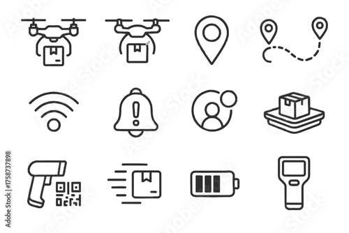 Parcels drones icon multiple drone icons cargo alert nano micro devices bells