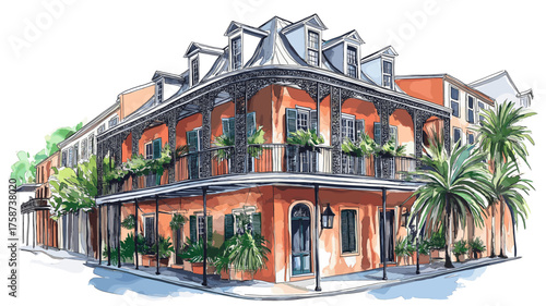 The French Quarter. The French Quarter hand drawn watercolor illustration