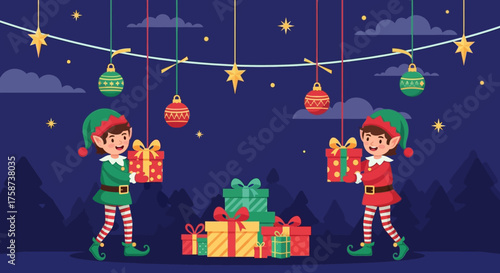 Two Christmas Elves Holding Presents at Night.