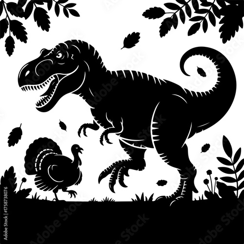 Silhouette of a Tyrannosaurus Rex and a Turkey with Leaves and Branches
