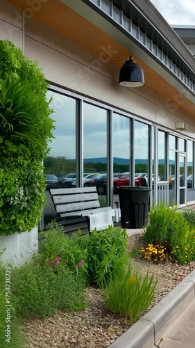Beautiful greenery and modern design at a restaurant with large windows and outdoor seating in a scenic location