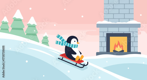Penguin Enjoying Sled Ride Down Snowy Hill.