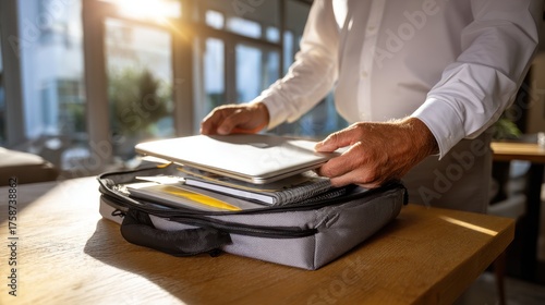 Man placing laptop into bag on table