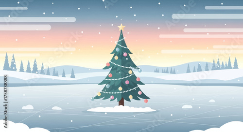 Decorated Christmas Tree Standing in Winter Landscape.