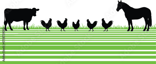 Farm animal silhouettes, cow horse chickens, green striped field, agriculture illustration, rural farming scene, livestock design, countryside artwork, minimal vector style