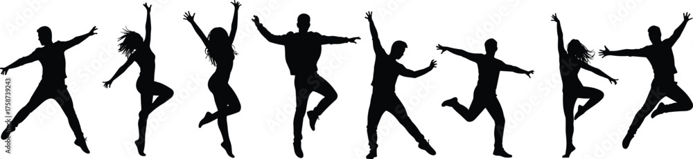 Obraz premium Jumping silhouettes, dancing figures, energetic poses, male female forms, group performance, celebration movement, expressive dance, choreography art, active lifestyle, fitness illustration,