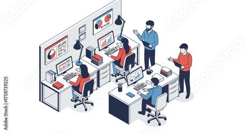 Isometric Office Illustration Depicting Teamwork and Data Analysis.