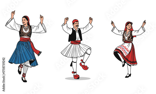 Three dancers performing Greek Sirtaki in traditional costumes  