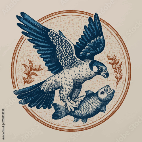 Vintage style illustration of a majestic falcon or hawk catching a fish, encircled by a classic frame with oak leaves. Predator and prey wildlife art.